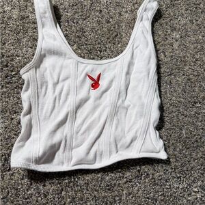 PLAYBOY White Ribbed Tank with Red Bunny Embroidery